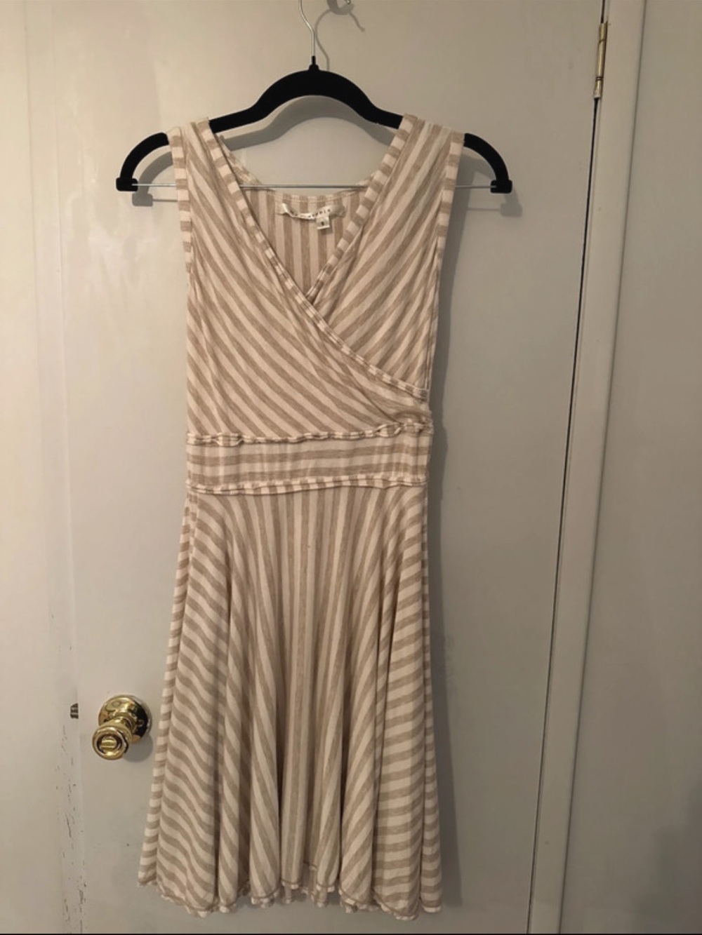Max Studio Beige & White Striped Sleeveless Wrap Midi Dress